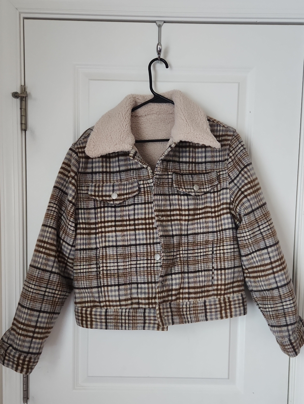 Oat New York Brown and Cream Plaid Teddy Jacket